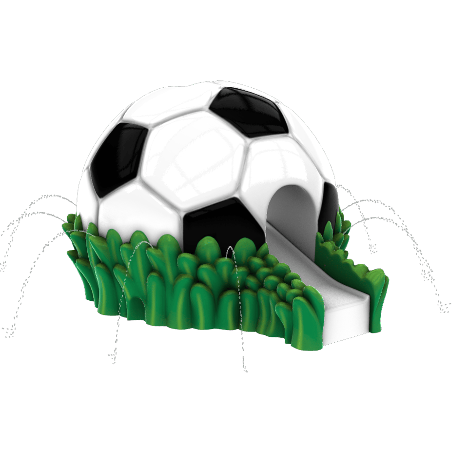 black and white soccer ball themed water slide in a small patch of green grass