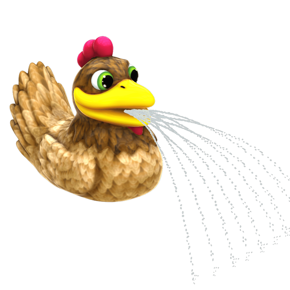 cartoonish rooster-themed spray feature with brown feathers and a yellow beak spraying a fan of water from its beak