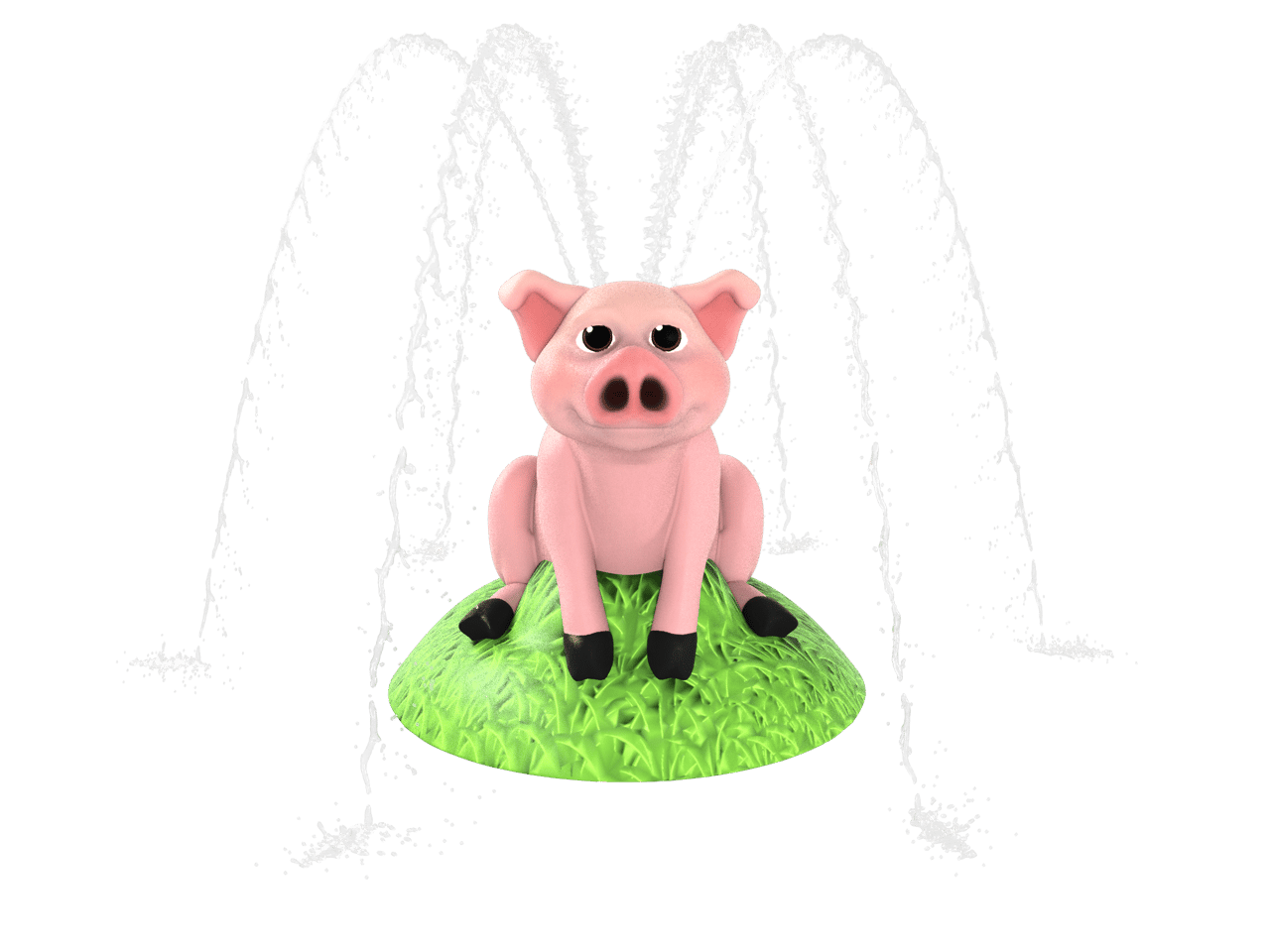 pink pig-themed spray feature sitting in a bed of grass that emits a bouquet of water from its back
