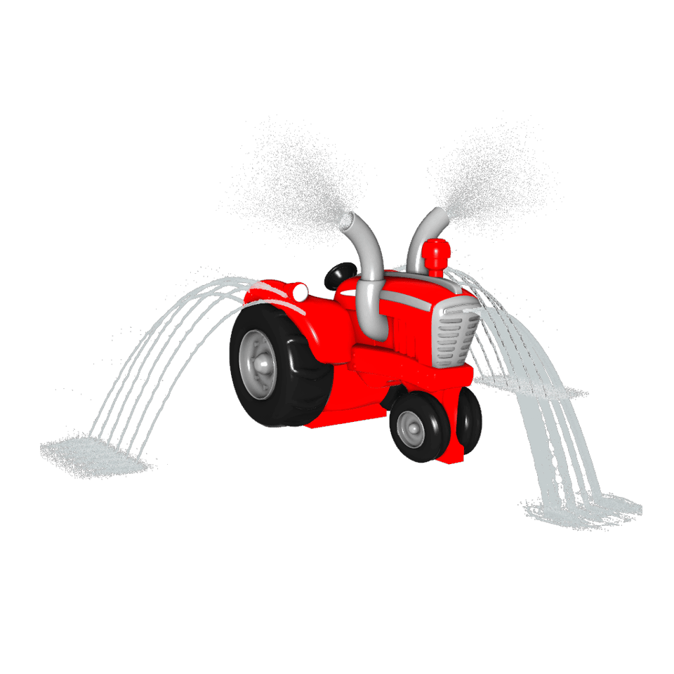 red tractor-themed spray feature for splash pads