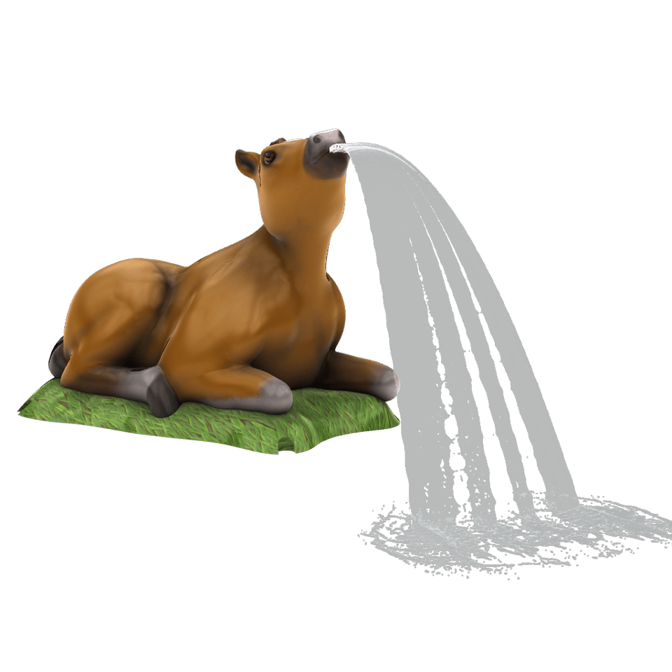 brown horse-themed spray feature laying in a bed of grass and emitting a fan water effect from its mouth