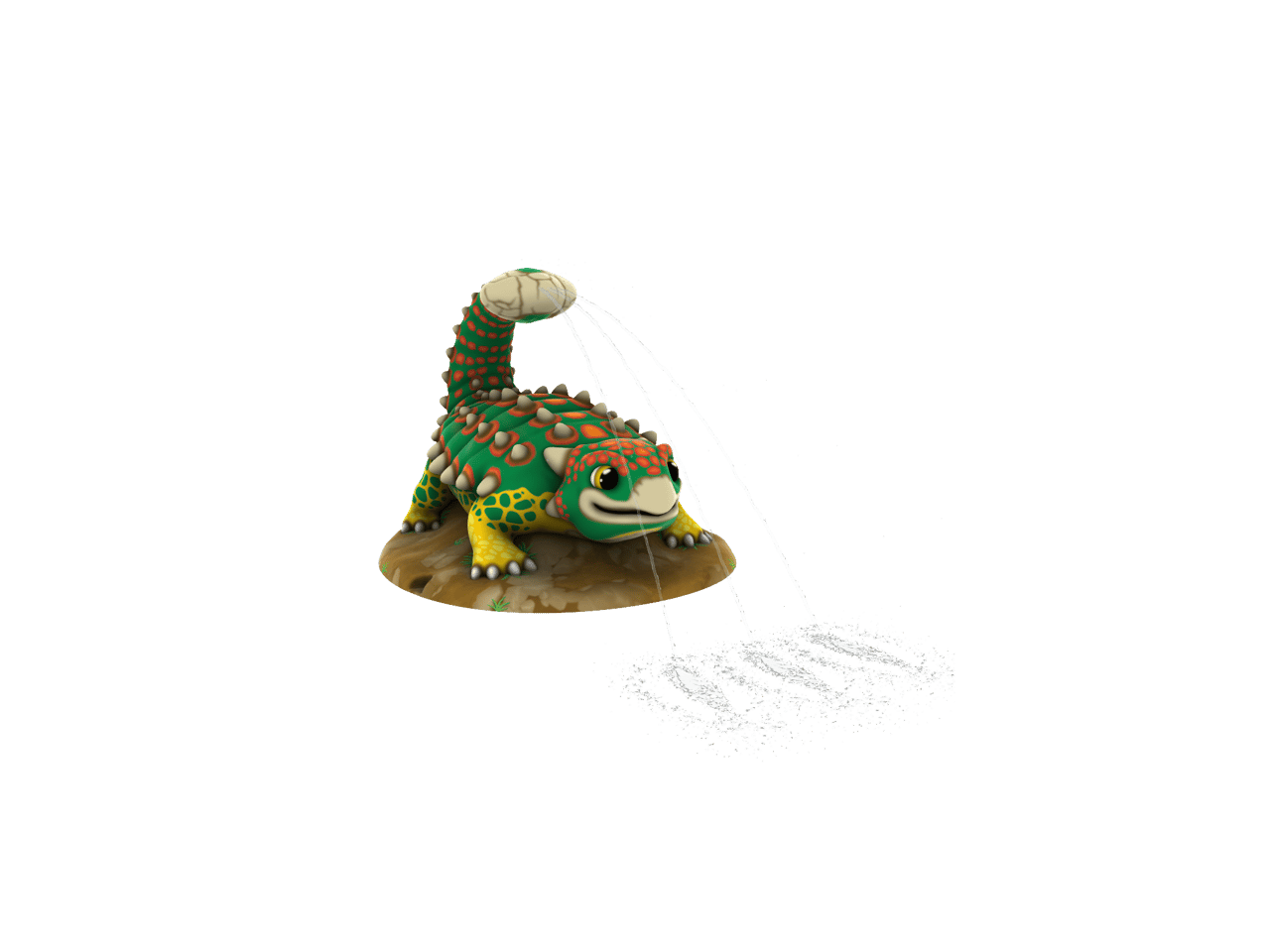 a multi-colored Ankylosaurus with a cartoon face has a raised tail over its head that emits three streams of water