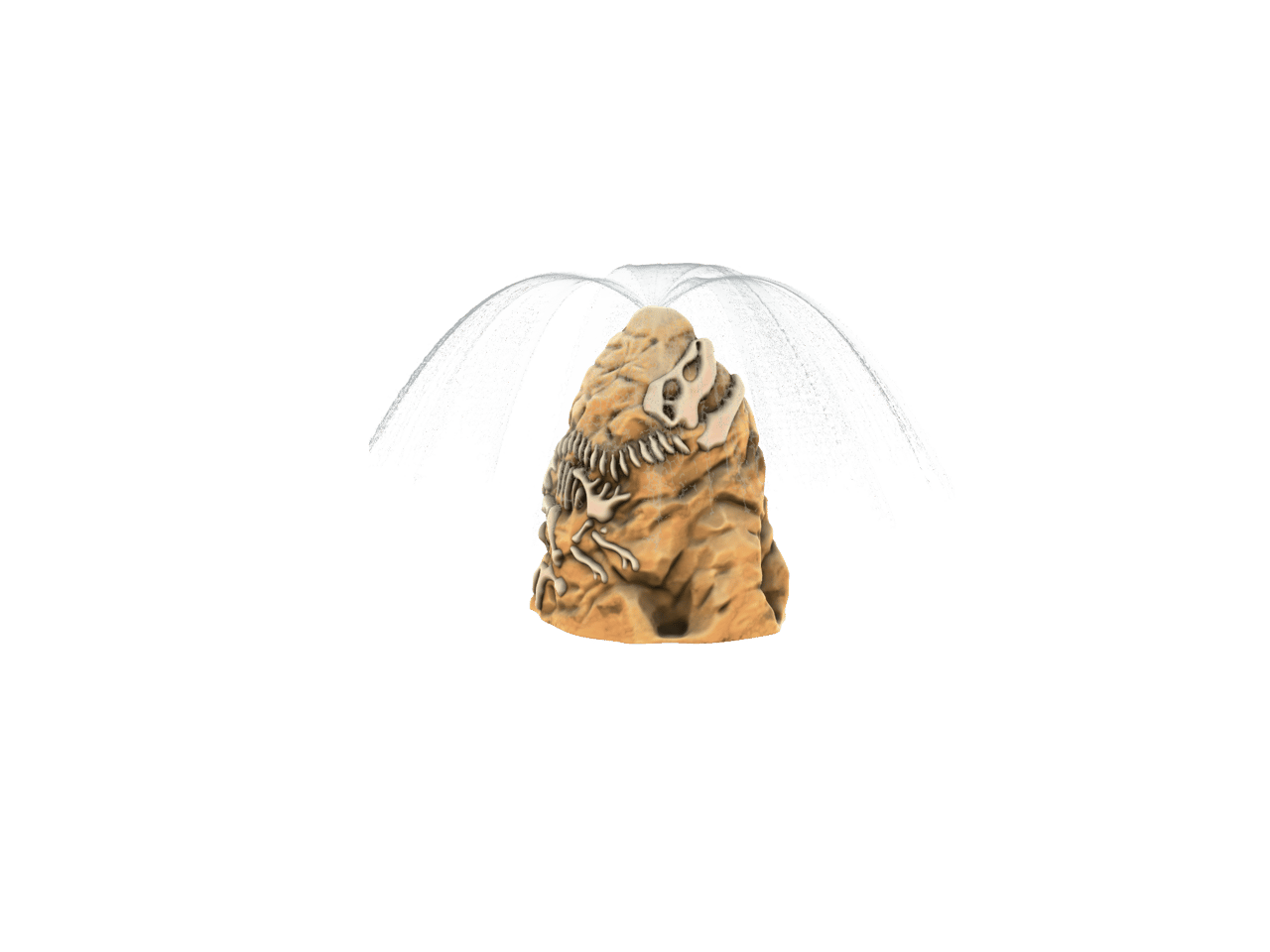 a brown fossil rock with a t-rex fossil embedded in the stone emits a bouquet of water streams from the top