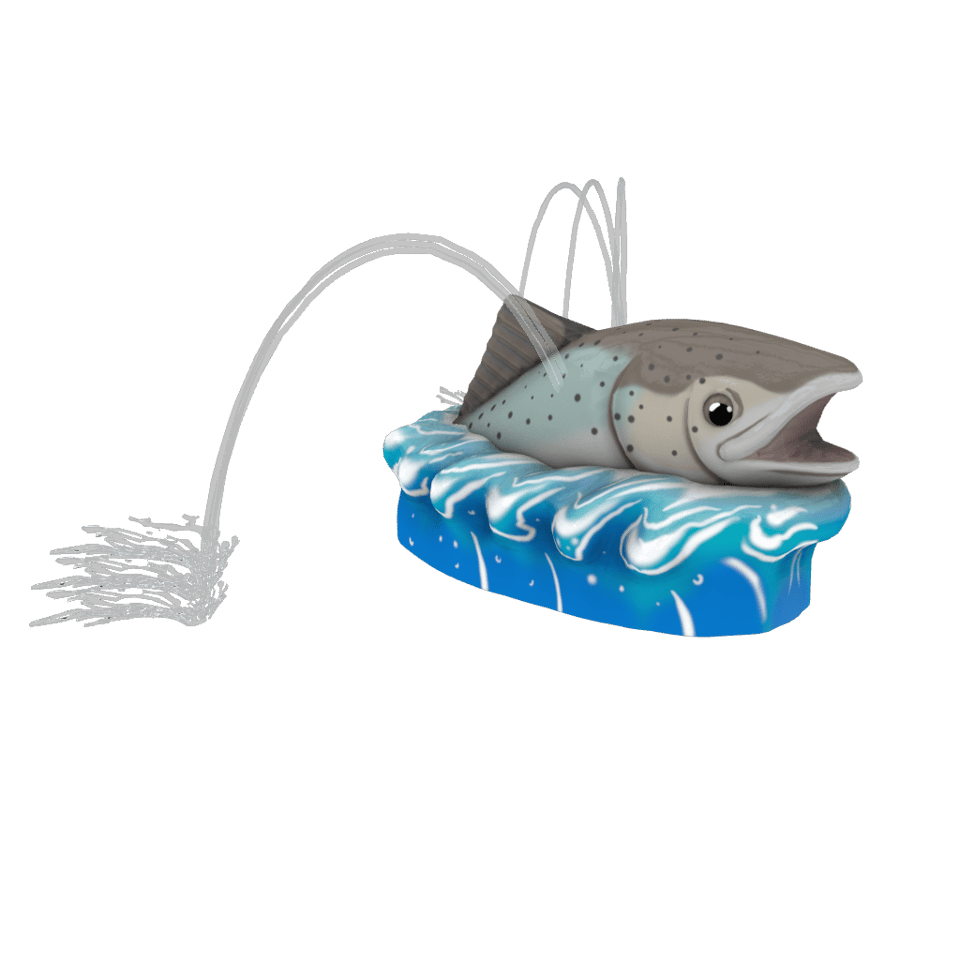 head of a grey salmon fish on top of a blue wave with arches of water on both side