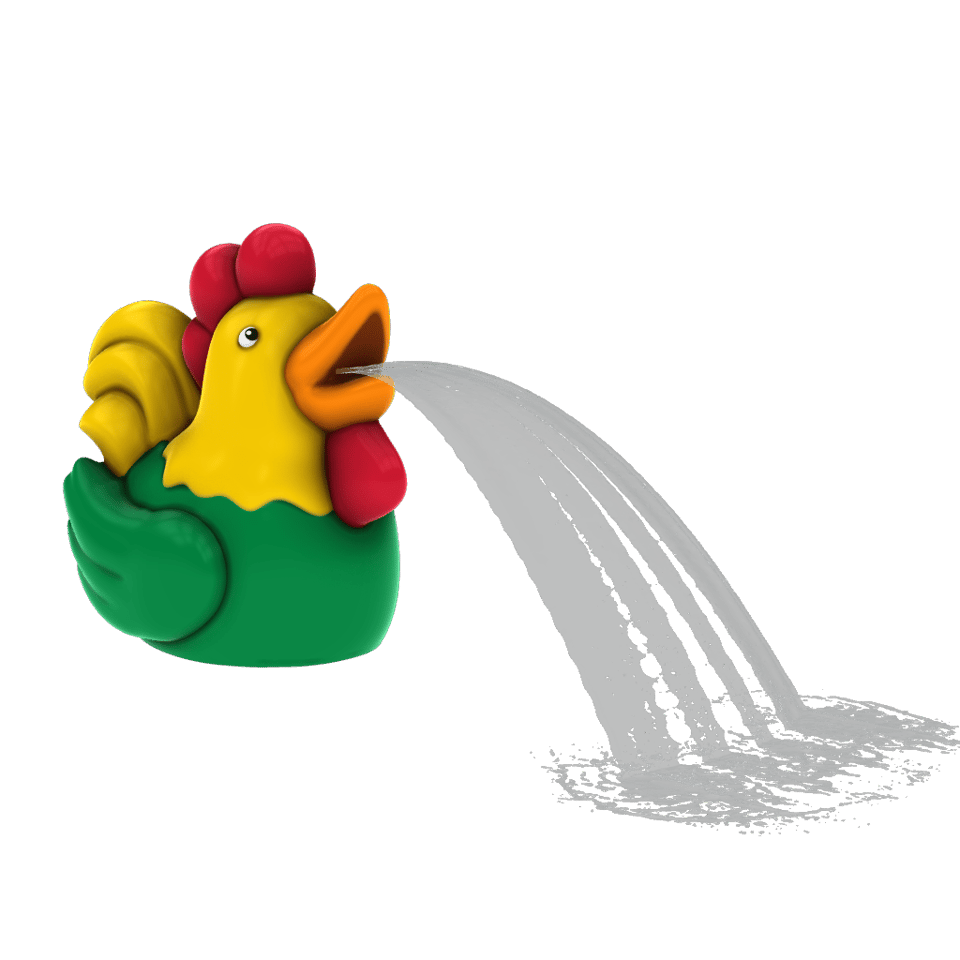 red, yellow, and green rooster-themed spray product that emits a fan of water from its beak
