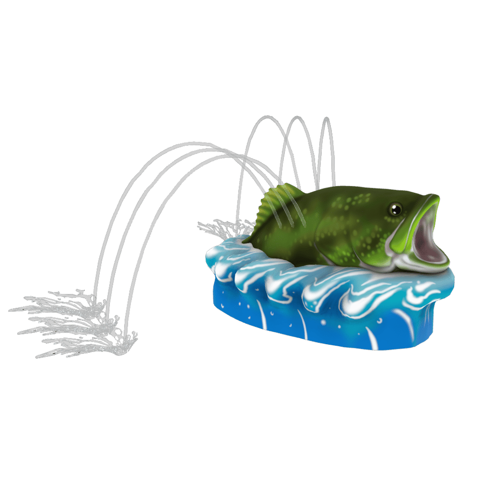 head of a green bass fish on top of a blue wave with arches of water on both side