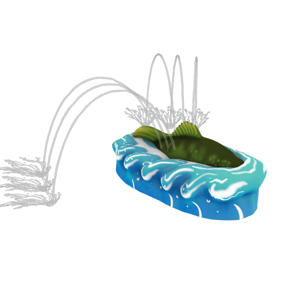 body of a green bass fish on top of a blue wave with arches of water on both side