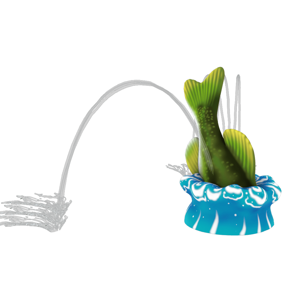 tail of a green bass fish coming out of waves of blue water that emit arches of spraying water on both sides