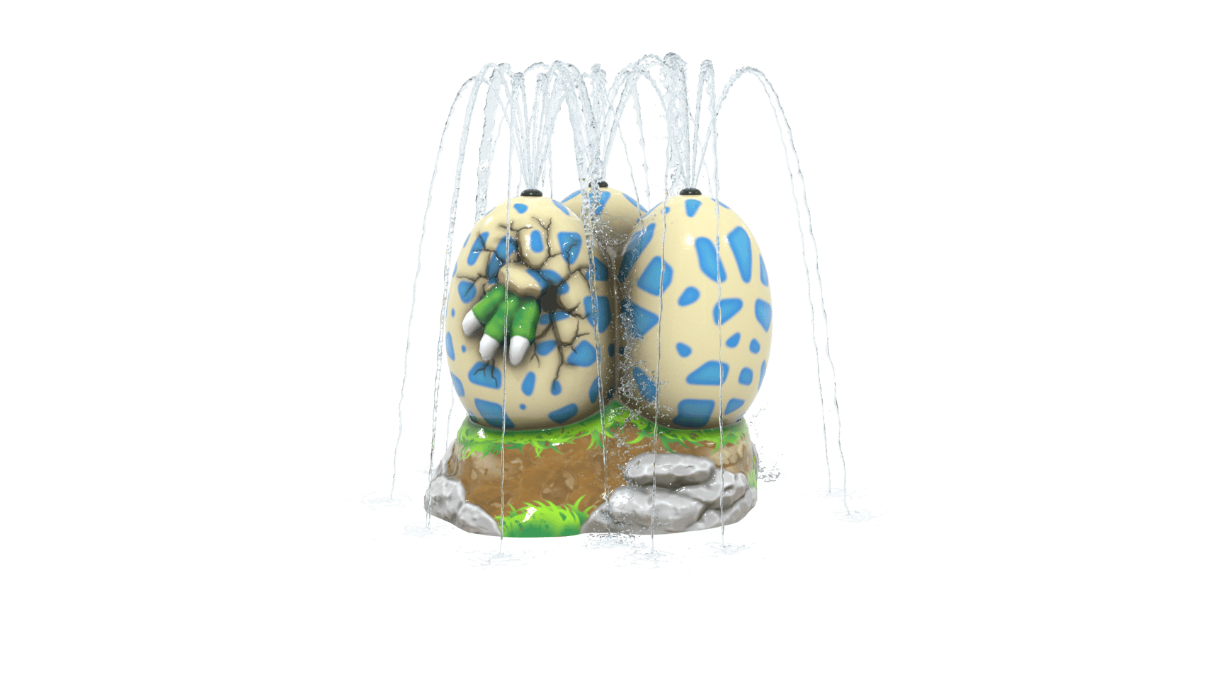 a dinosaur claw emerges from a set of three spotted eggs that emits a bouquet of water from the top of each egg 