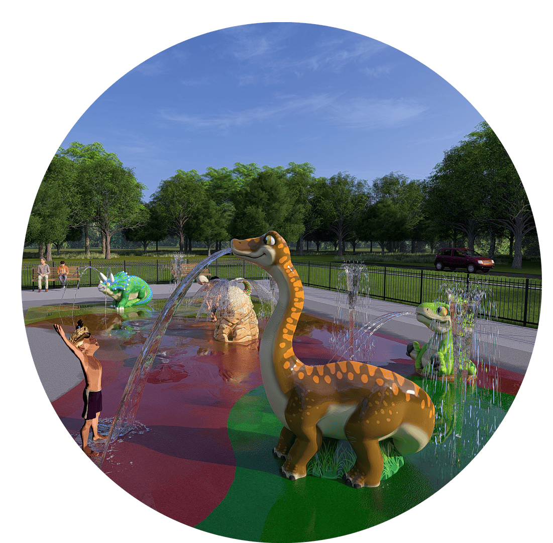 conceptual splash pad rendering of children interacting with dinosaur themed spray park products on a splash pad