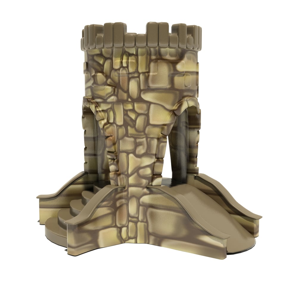 a water slide shaped like a medeival castle tower with three chutes