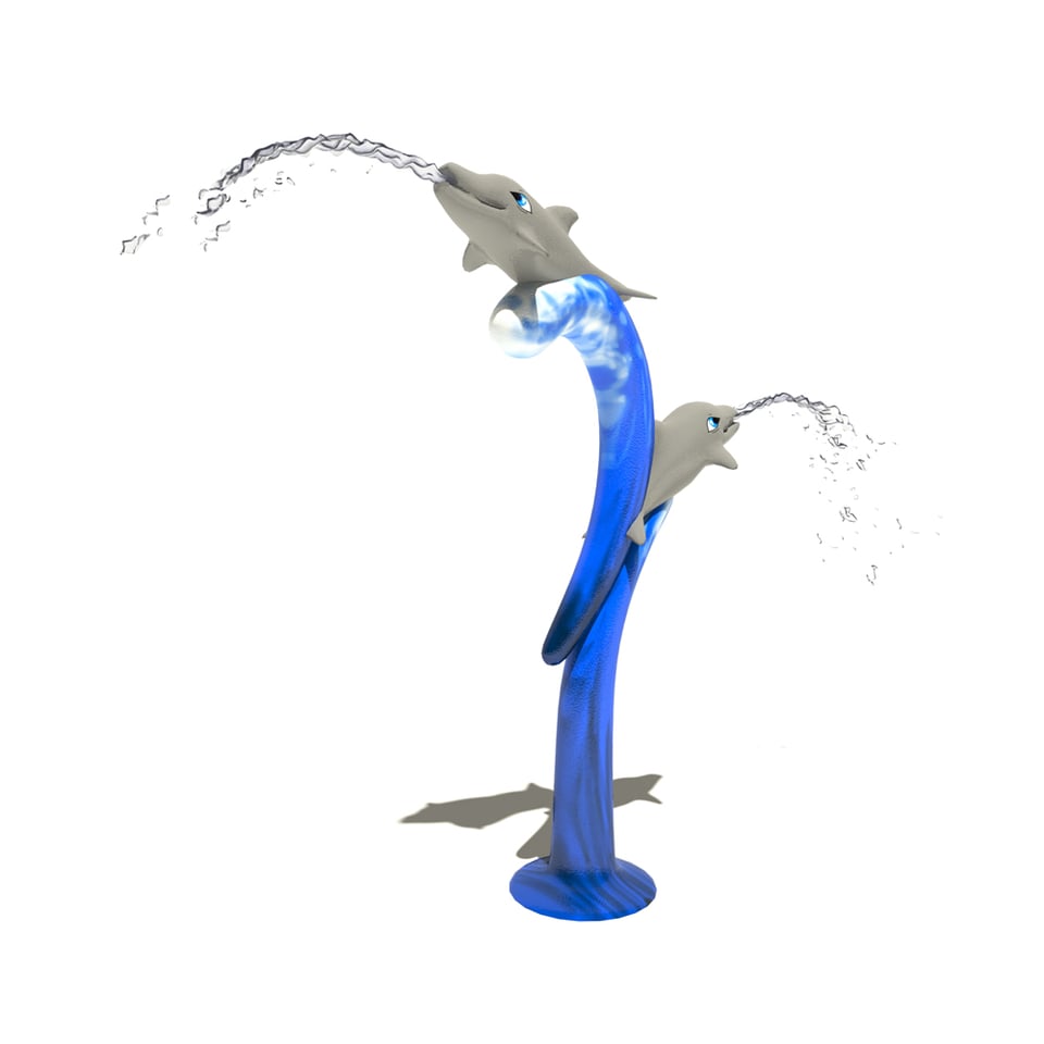 Dolphin Duo Aqua Sprayer emits arching fans of water from the dolphin’s mouths.