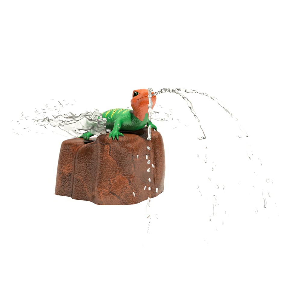 Lazy Lizard Aqua Sprayer emits arching streams of water from its mouth and fan jets  from the rock.