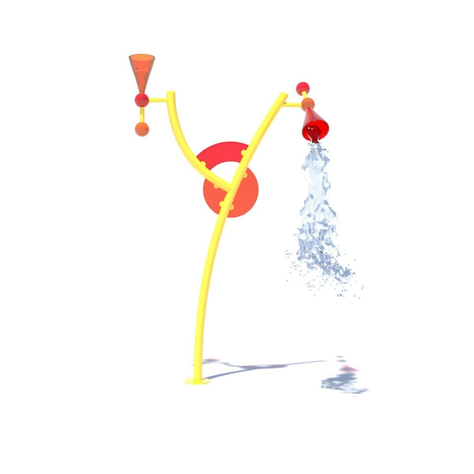Fling Buckets fill with water and fling from a kinetic sculpture.