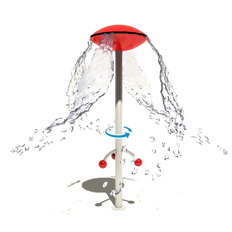 Children turn the handles of the Spin-Brella™ to cause sheets of water to swing about the pole.