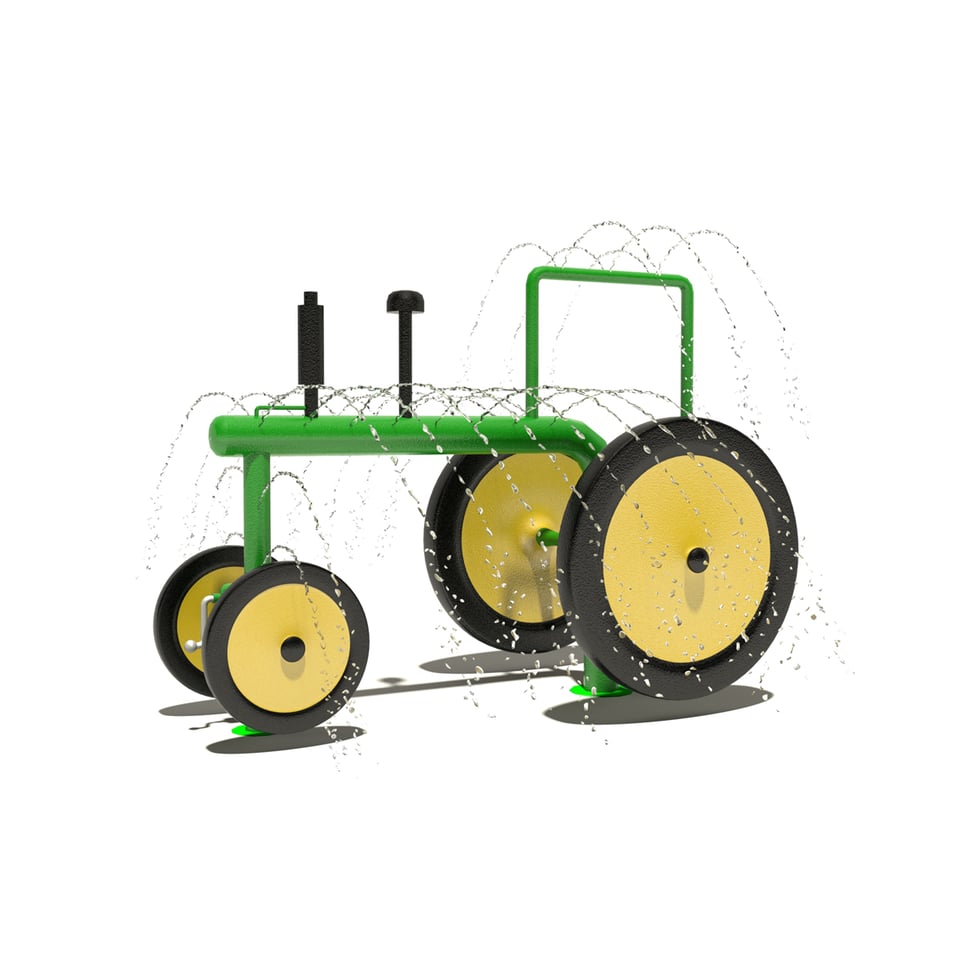 The Trickle Tractor provides two areas of play with water streams and mist.