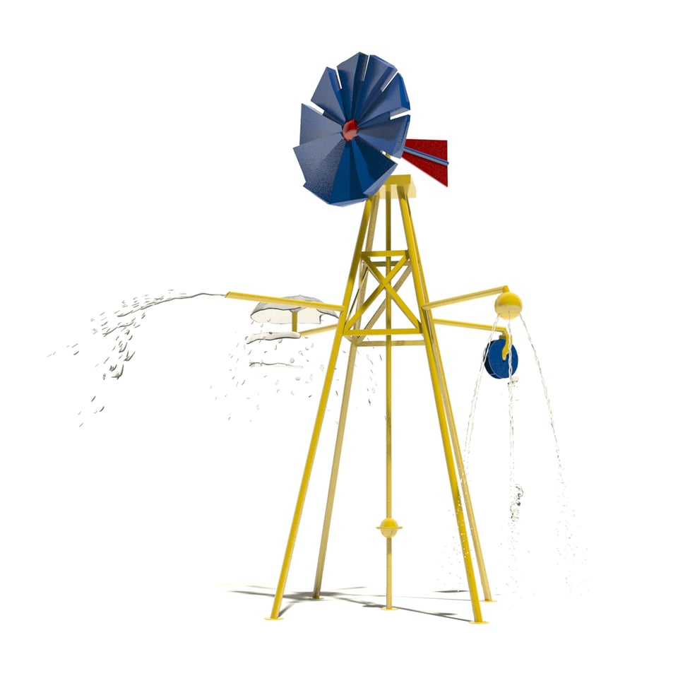 The Wind Mill component is available with up to five play stations, Water Wheel, Spray Bubble, Morning Glory, and Spout.