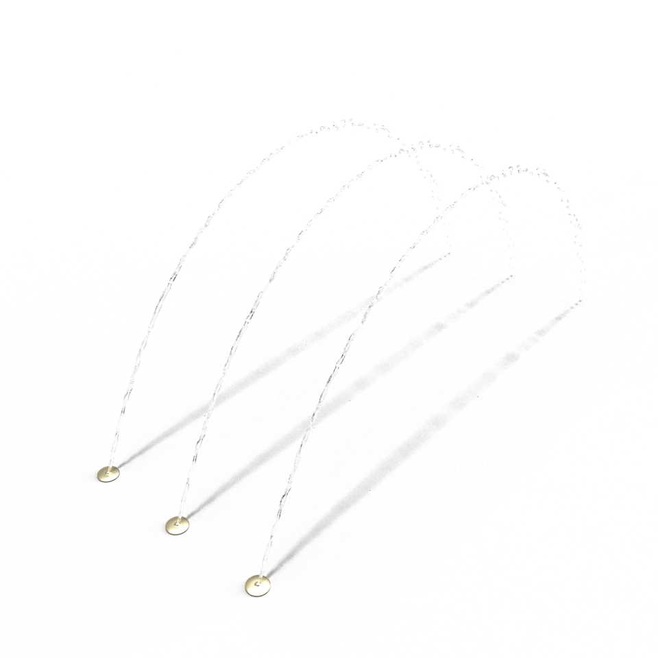 A ground spray that creates a row of arching streams of water