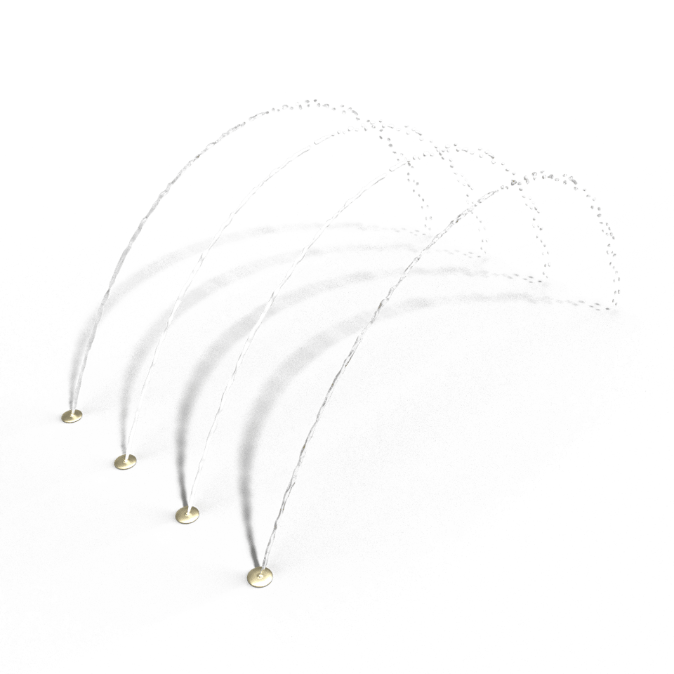 A ground spray that creates a row of arching streams of water