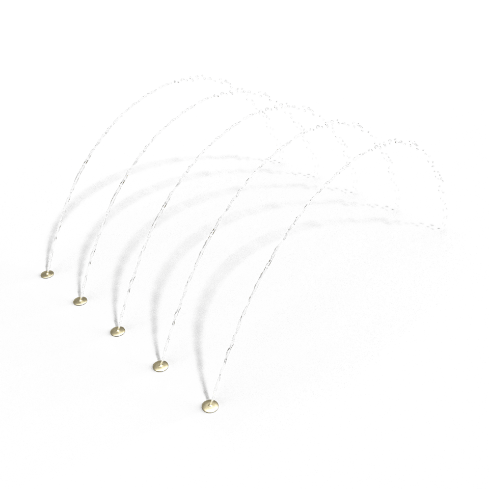 A ground spray that creates a row of arching streams of water