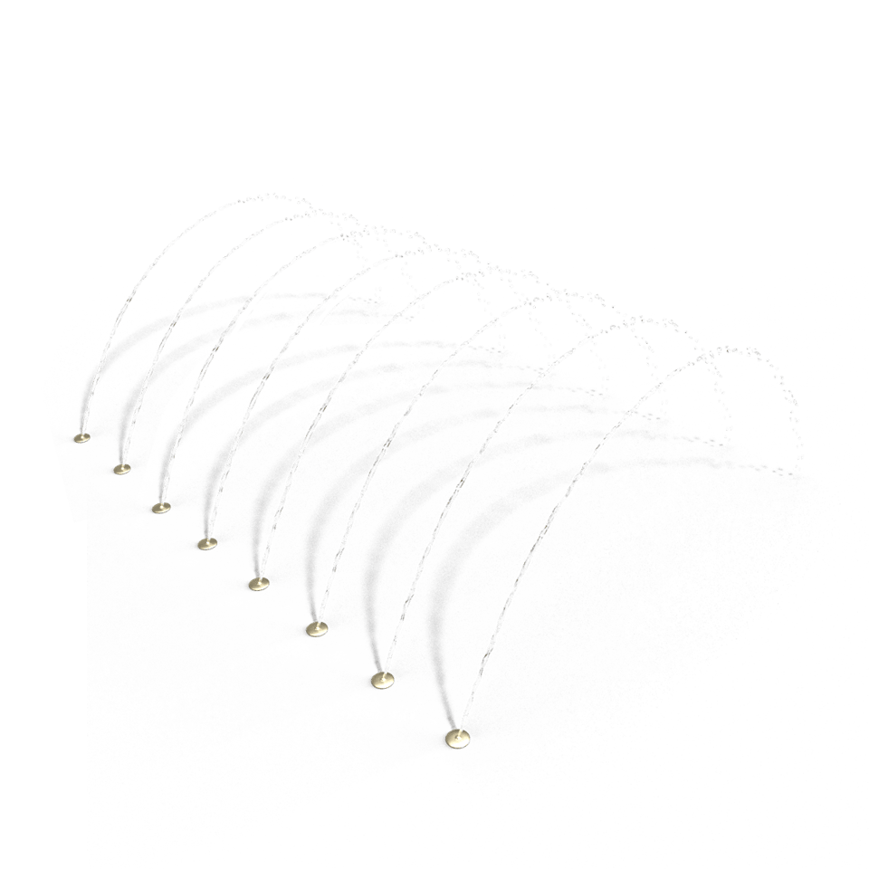 A ground spray that creates a row of arching streams of water