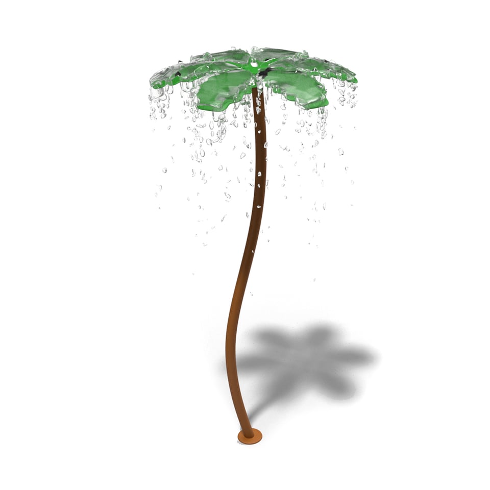 A curved palm tree that sprays water from the fronds