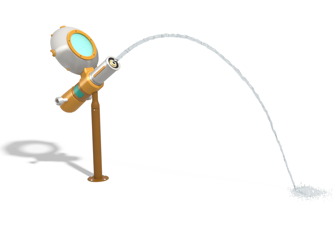 steampunk-themed water cannon with spyglass target for interactive water play for splash pads and spray parks