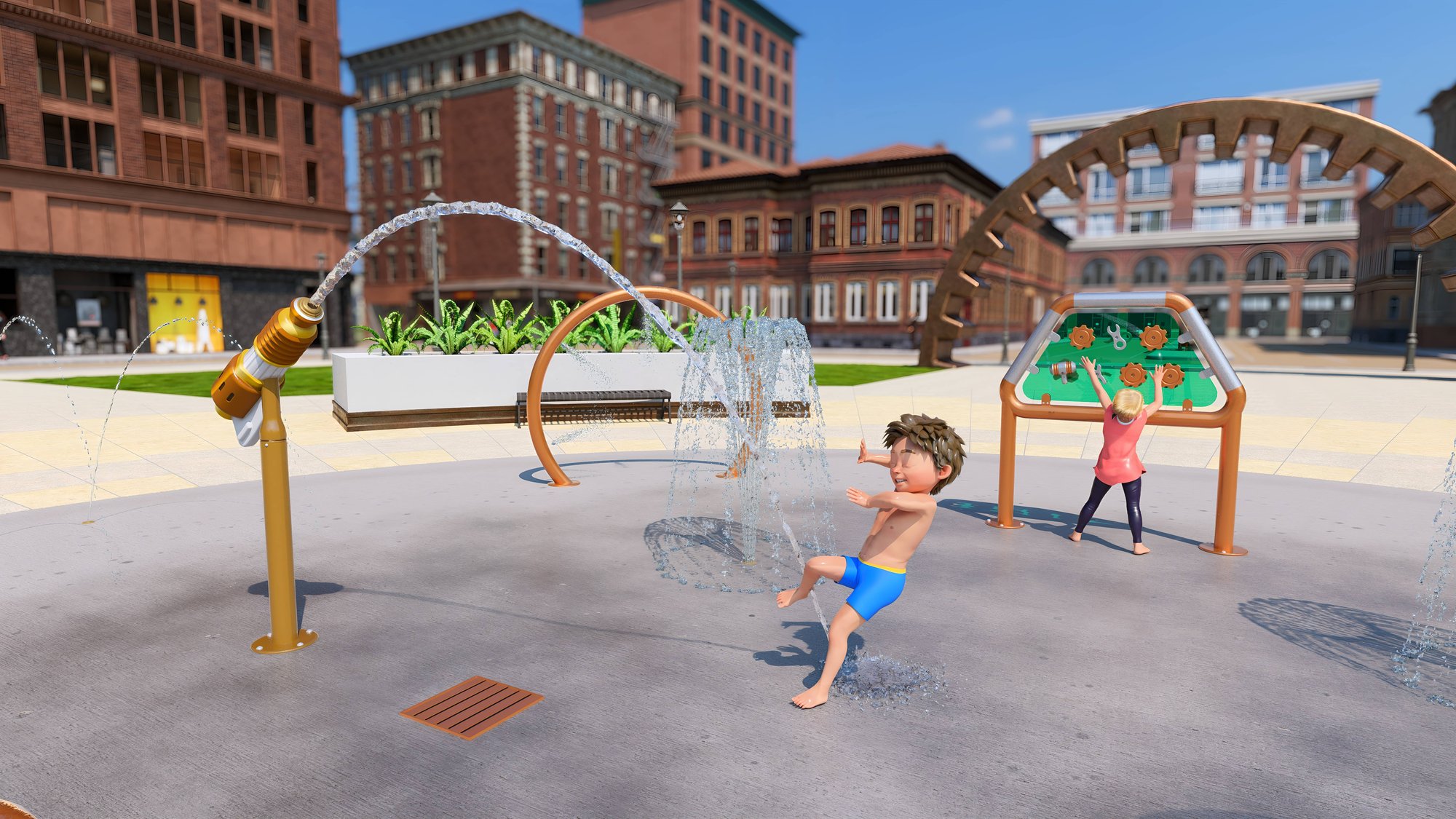 a rendering of children playing on an industrial-themed splash pad