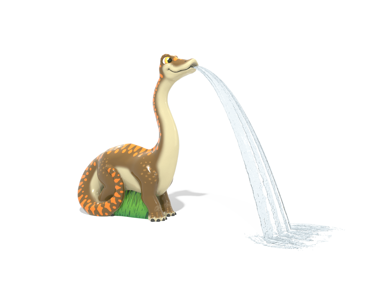Tan and brown long neck dinosaur-themed water feature.