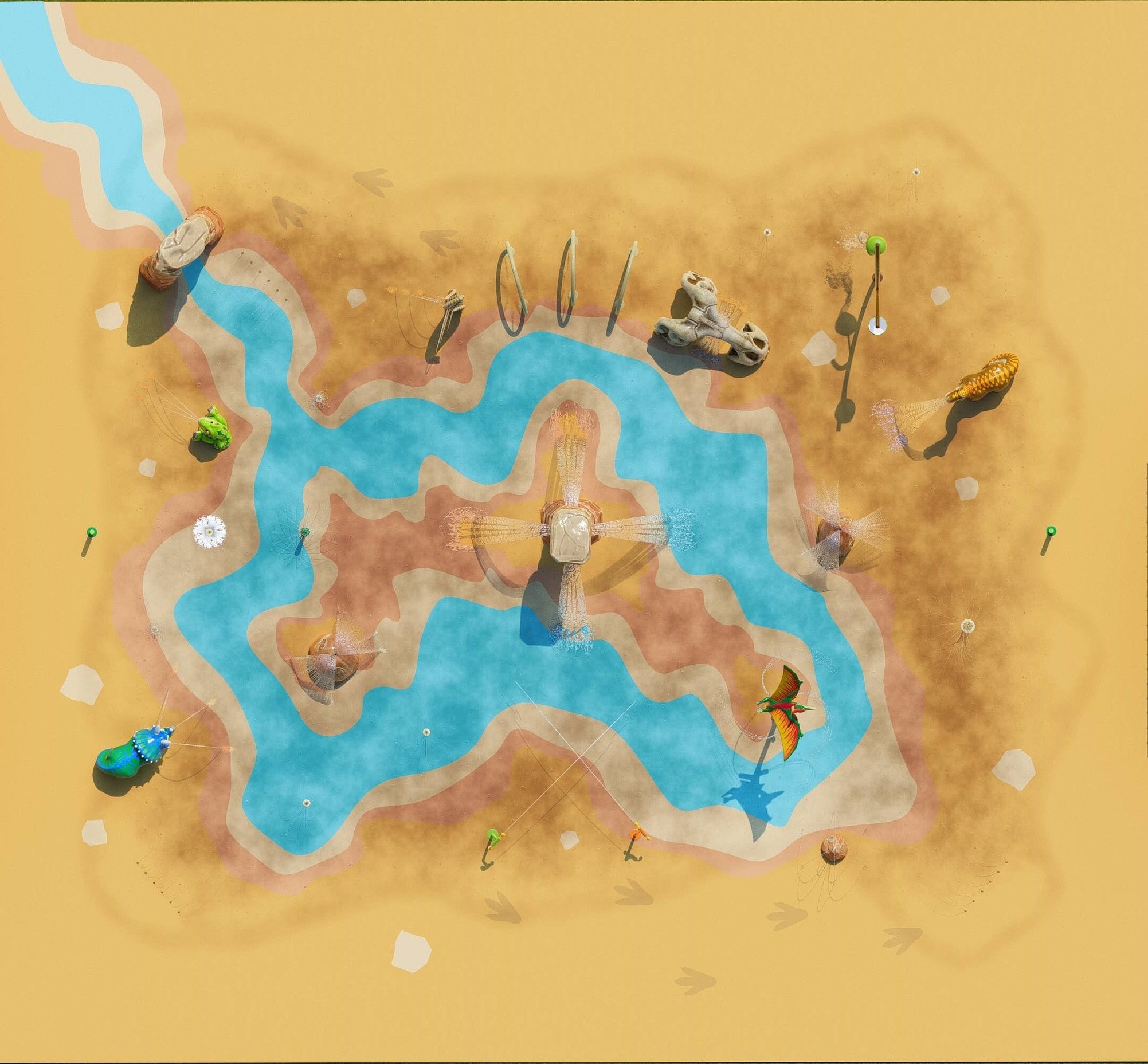 overhead view of a dinosaur-themed splash pad with a rocky terrain and lagoon flooring