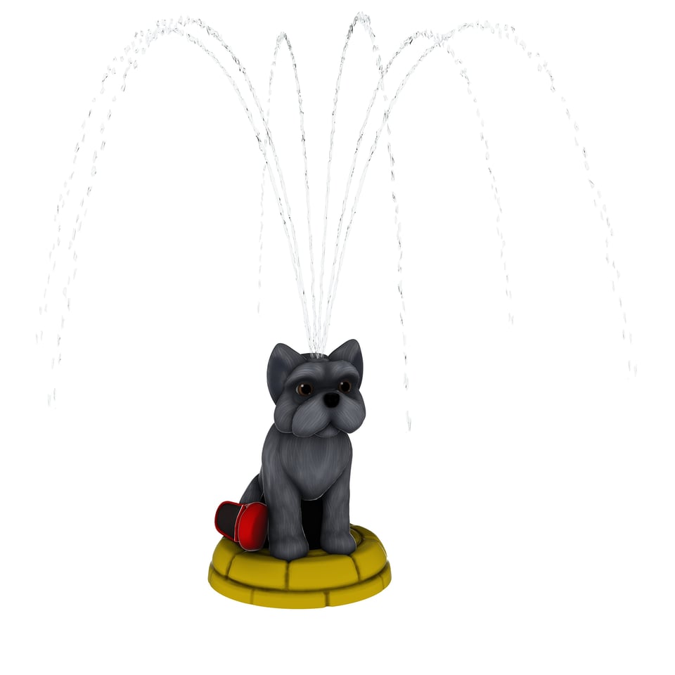 small black dog sitting on top of yellow dog bed with a red shoe