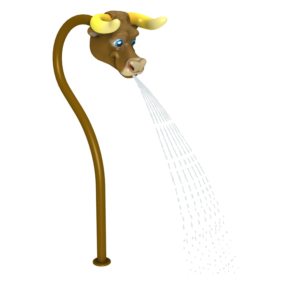 Buddy Bovine emits a refreshing spray of water.
